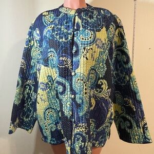 Quilted Jacket Phool Women’s 2X Blue Tan design‎ cotton front pockets button up